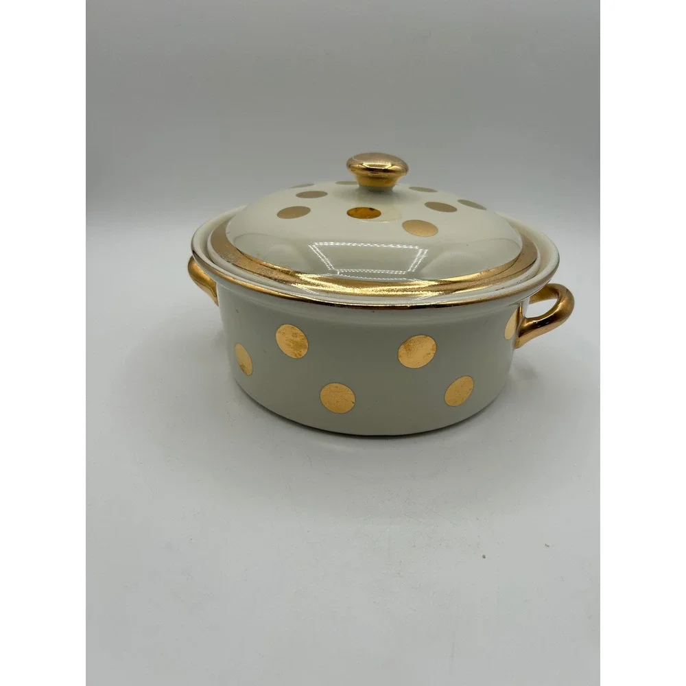 Hall China Casserole Dish Ivory Gold Dot Covered Round Lidded Bowl Vintage